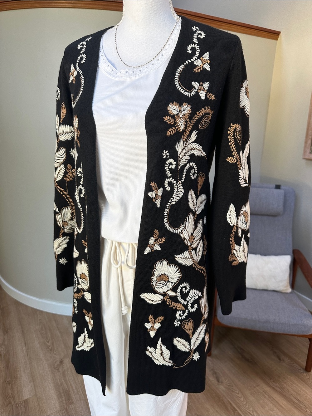 Chicos embroidered open front long black cardigan